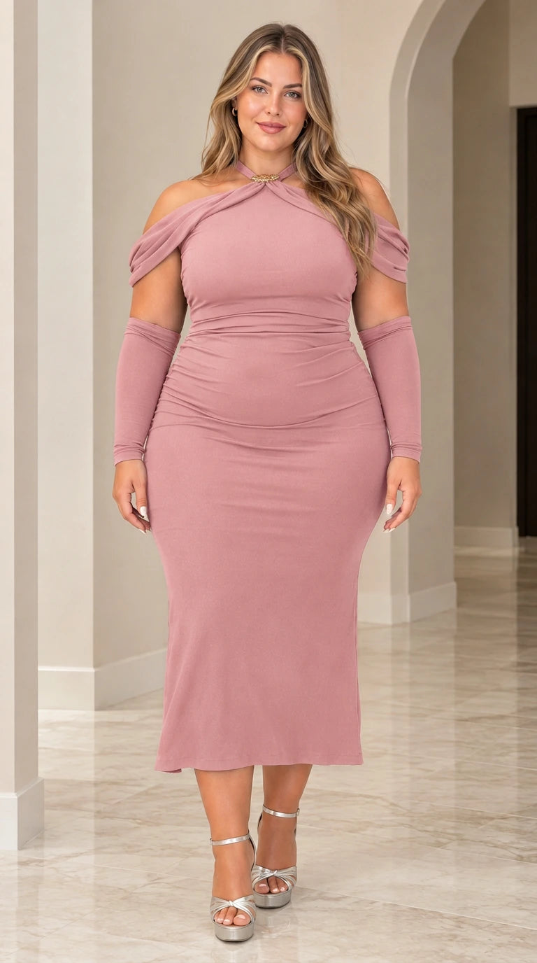 Dusty rose pink halter ruched midi bodycon dress with matching sleeves