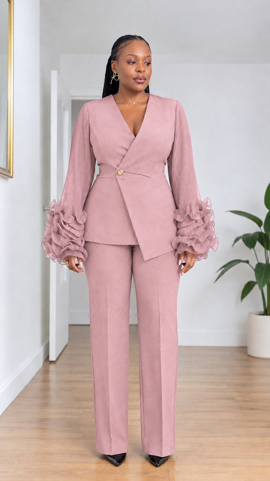 Front view of model wearing Dusty Pink ruffle sleeve asymmetric pant suit set
