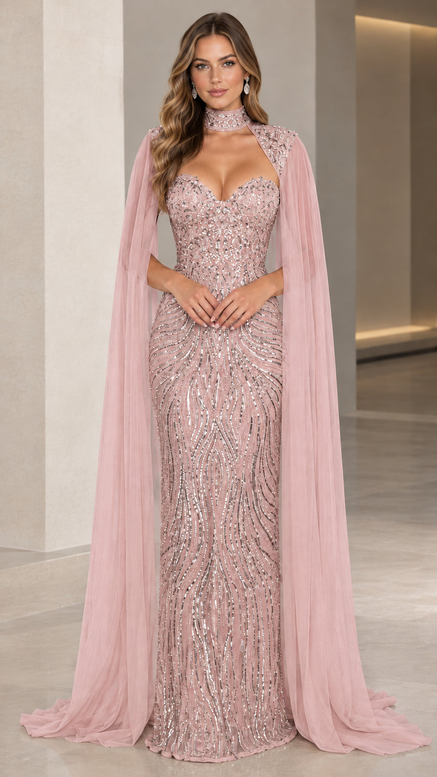Front view of blush pink sequined formal gown with draped shoulder cape