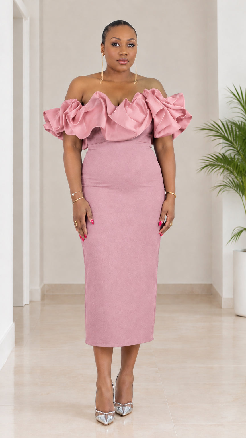 Front view of monochrome dusty pink off-the-shoulder ruffle midi dress