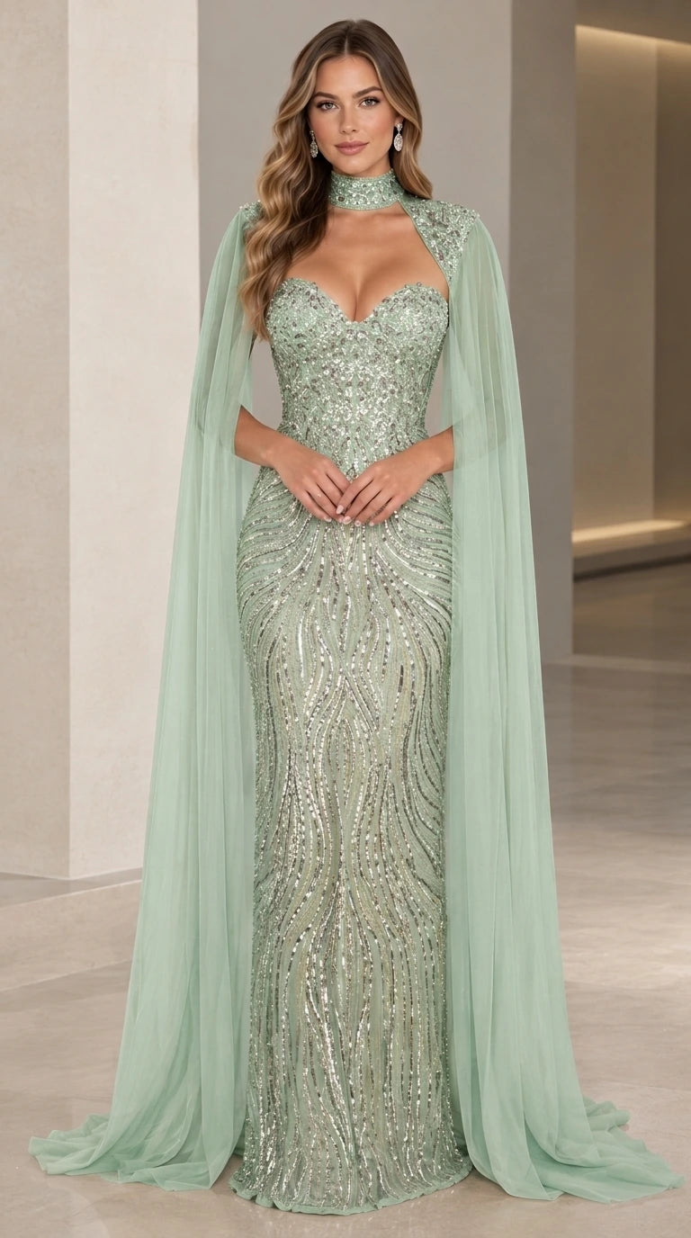 Front view of sage green sequined evening dress with cascading cape