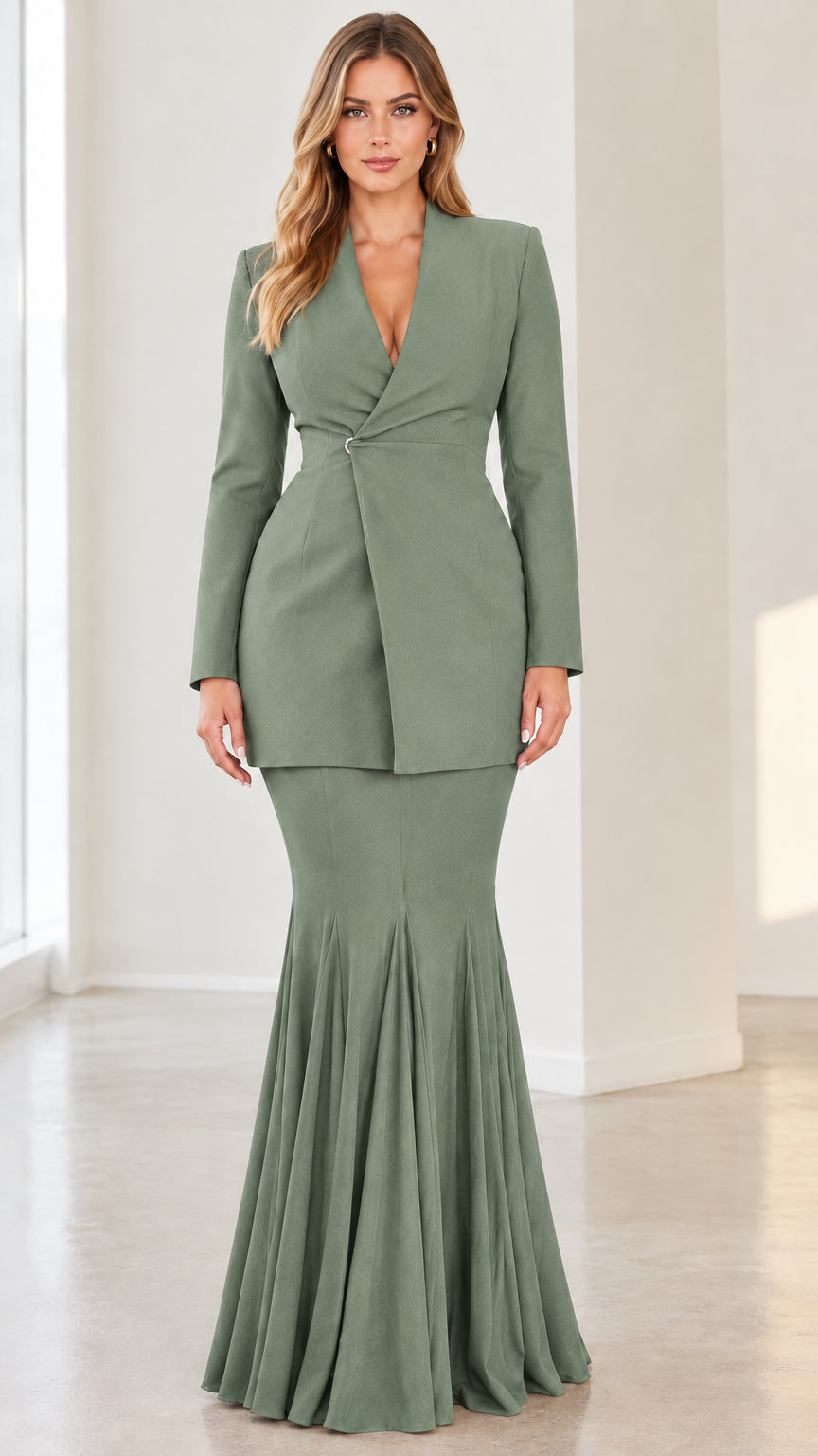 Sage green structured longline blazer and accordion pleated maxi skirt set
