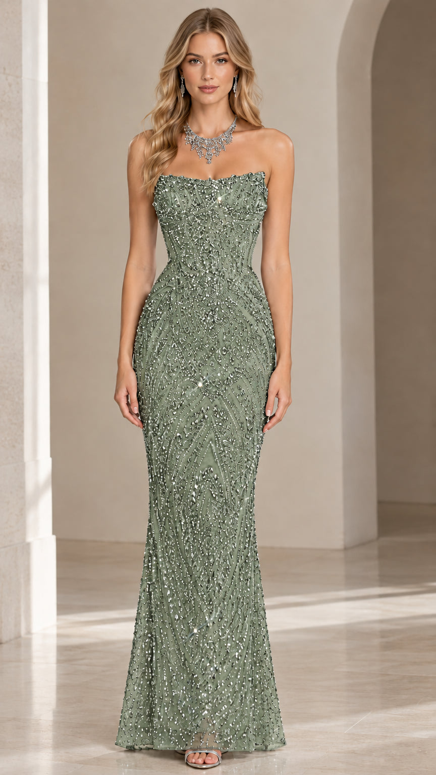 Sage green strapless sequined maxi dress front view