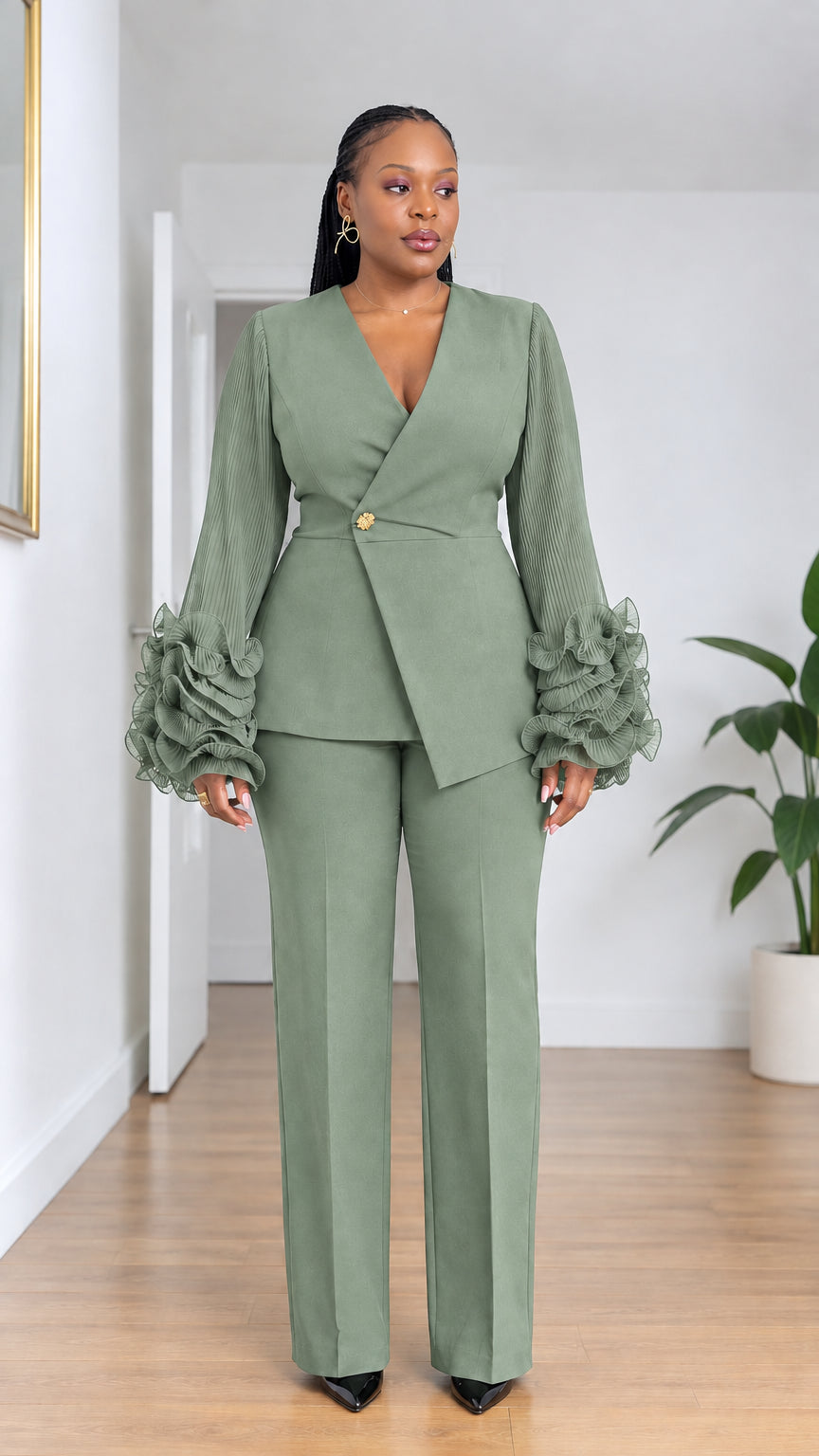 Front view of model wearing Sage Green ruffle sleeve asymmetric pant suit set