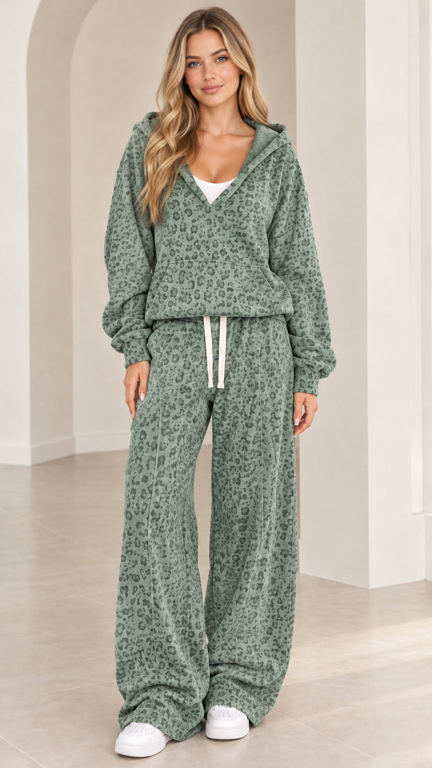 Front full-length view of woman wearing Sage Green leopard print hooded lounge set