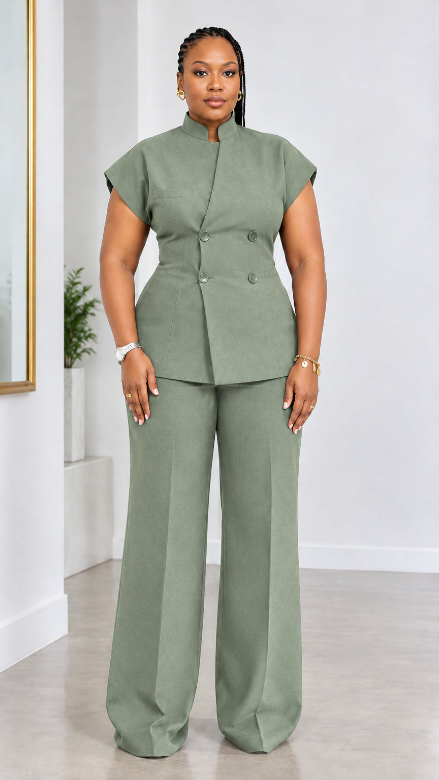 Full-length front view of woman wearing sage green stand collar double-breasted wide-leg pant suit set