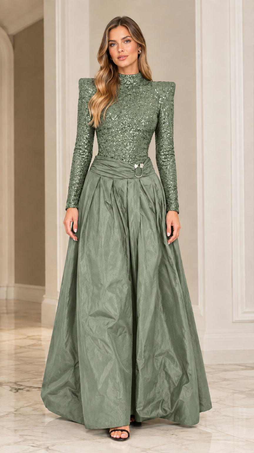 Sage green sequined long sleeve ball gown with structured shoulders