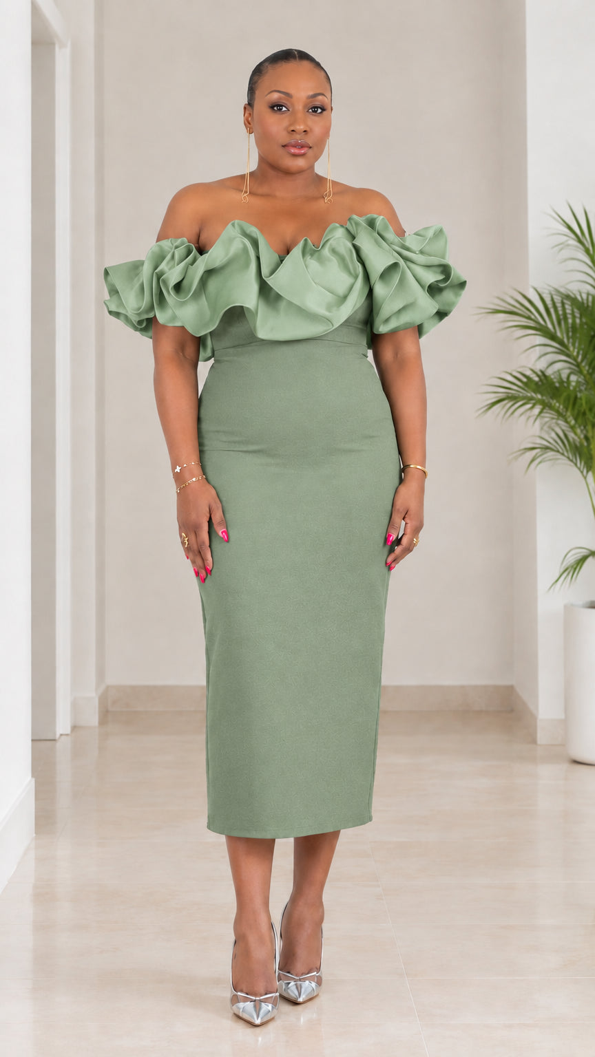 Front view of sage green off-the-shoulder pencil midi dress with ruffled neckline