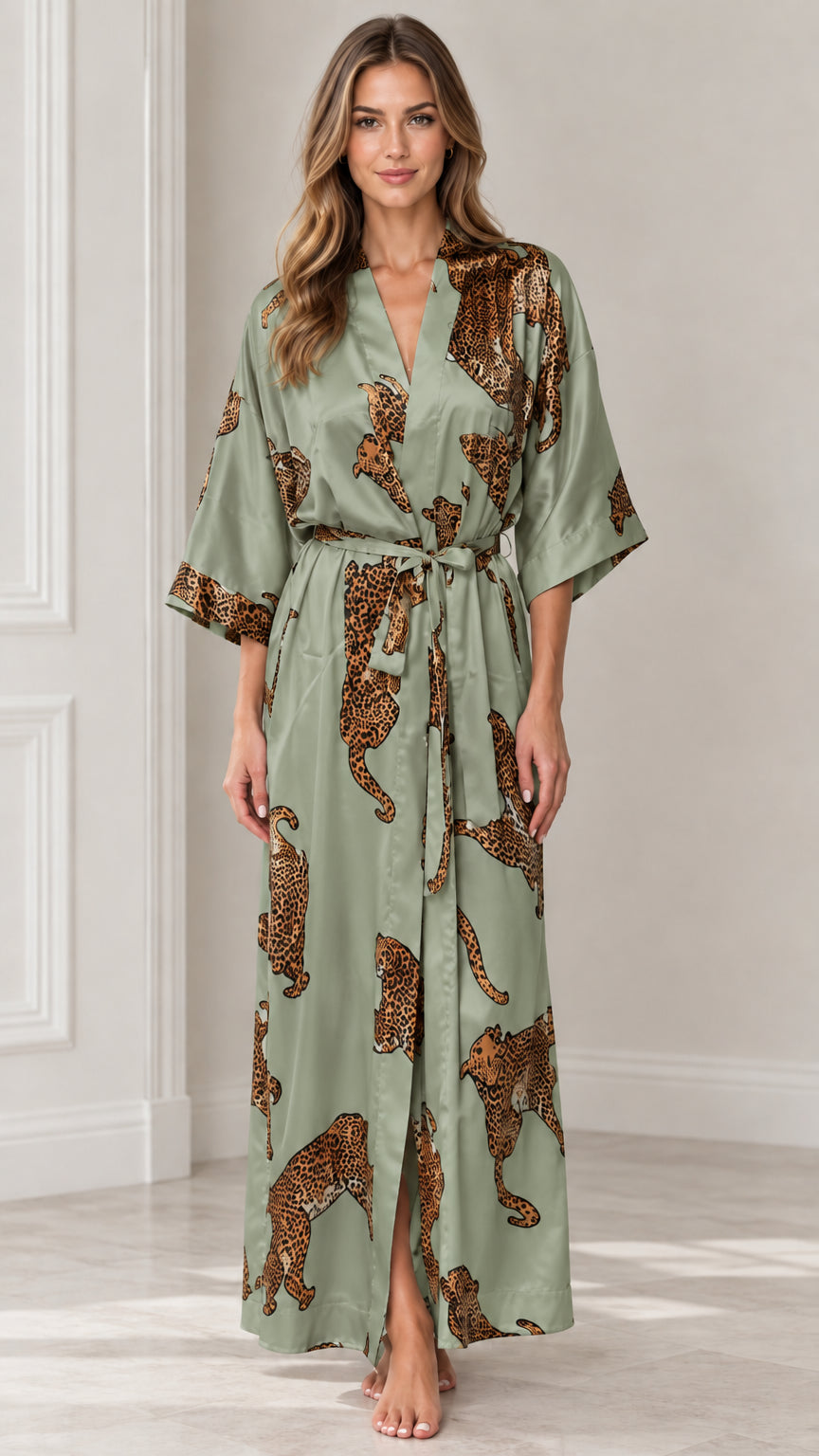 Full-length front view of sage green leopard print silky maxi kimono robe