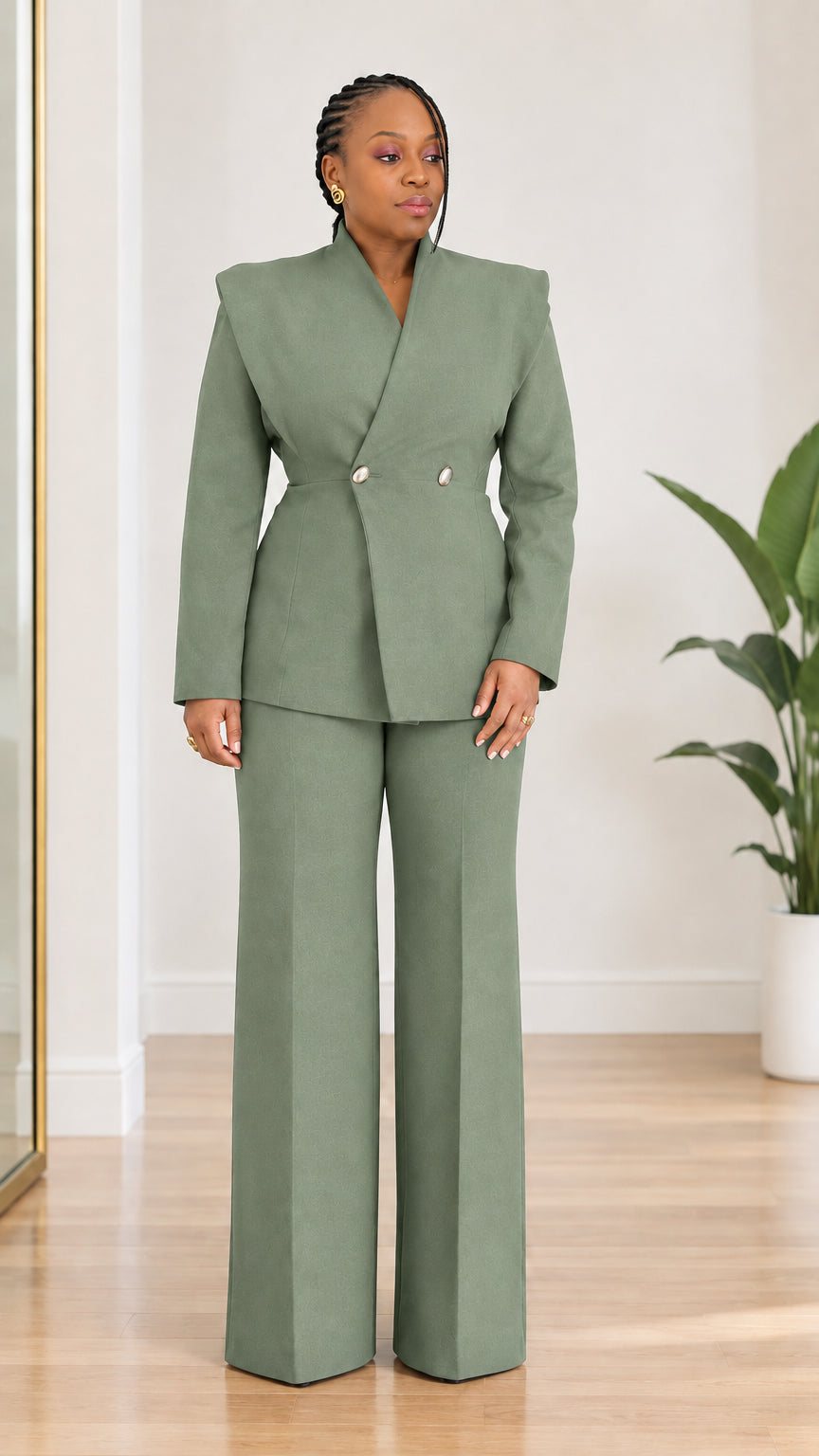 Model wearing sage green two-piece structured blazer and wide-leg pantsuit set
