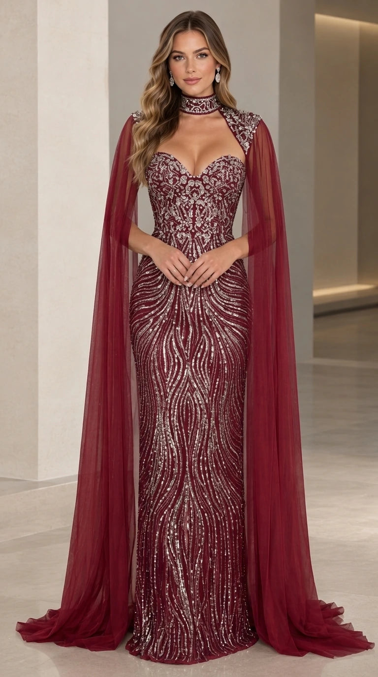 Front view of burgundy red sequined formal gown with dramatic sheer cape