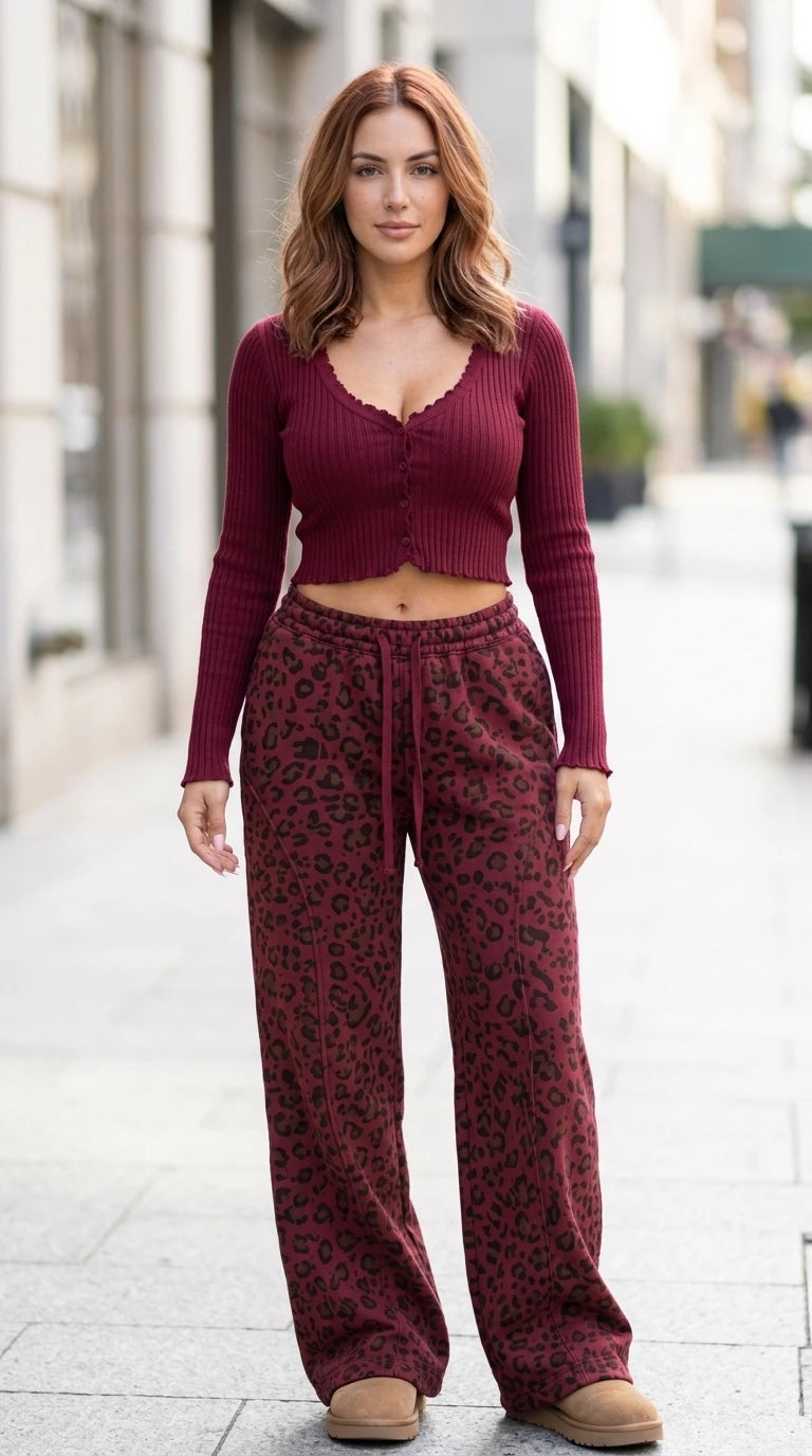 Full-body street view of model in burgundy ribbed crop top and burgundy leopard wide-leg pants