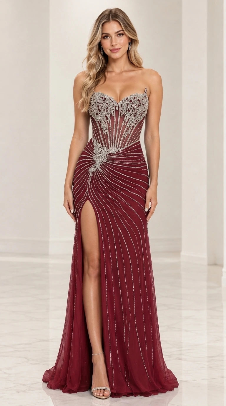 Model wearing burgundy beaded corset evening gown with sweetheart neckline