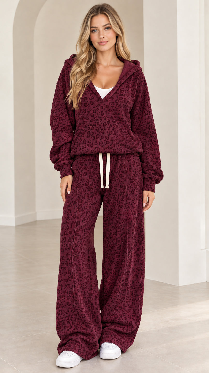 Front full-length view of woman wearing Burgundy leopard print hooded lounge set