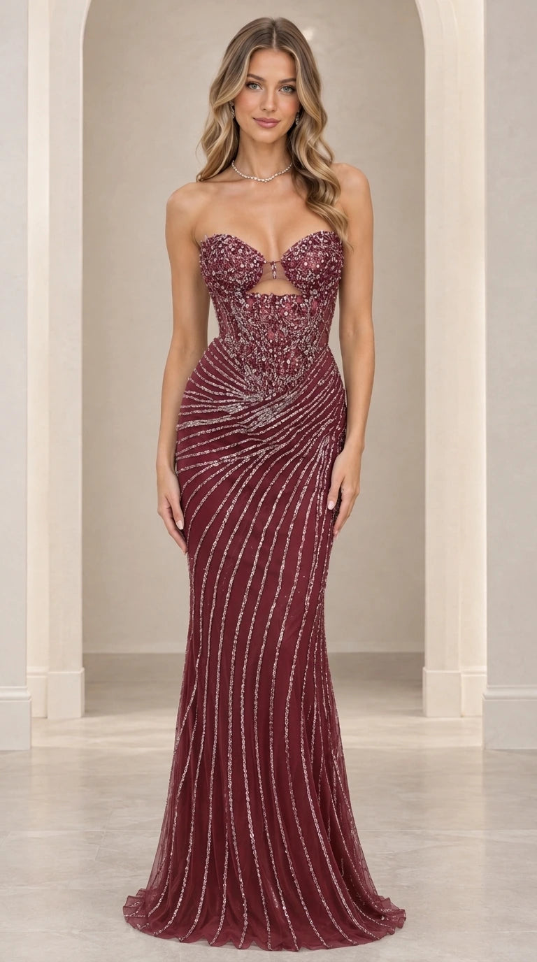 Model wearing burgundy strapless sequin embellished mermaid gown