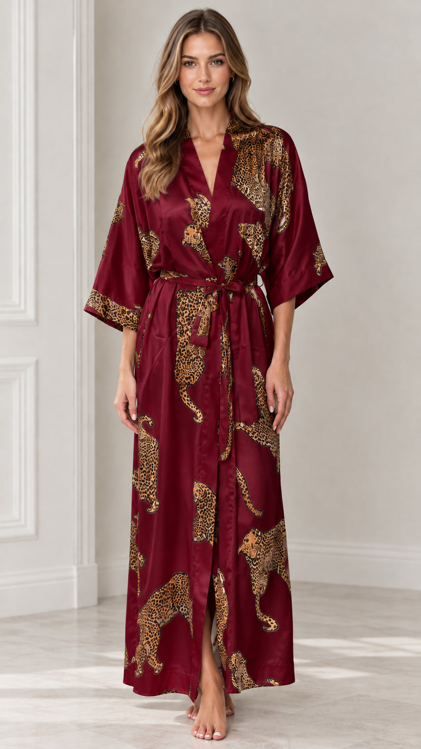 Full-length front view of burgundy red leopard print silky maxi kimono robe