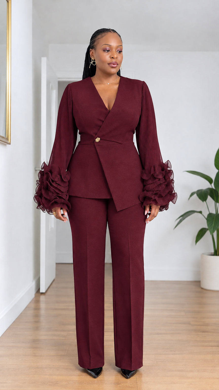 Front view of model wearing Burgundy wine red ruffle sleeve asymmetric pant suit set