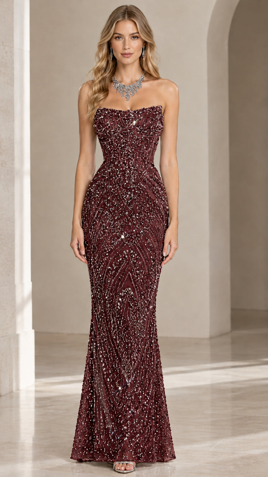 Burgundy strapless beaded sequin evening gown front view