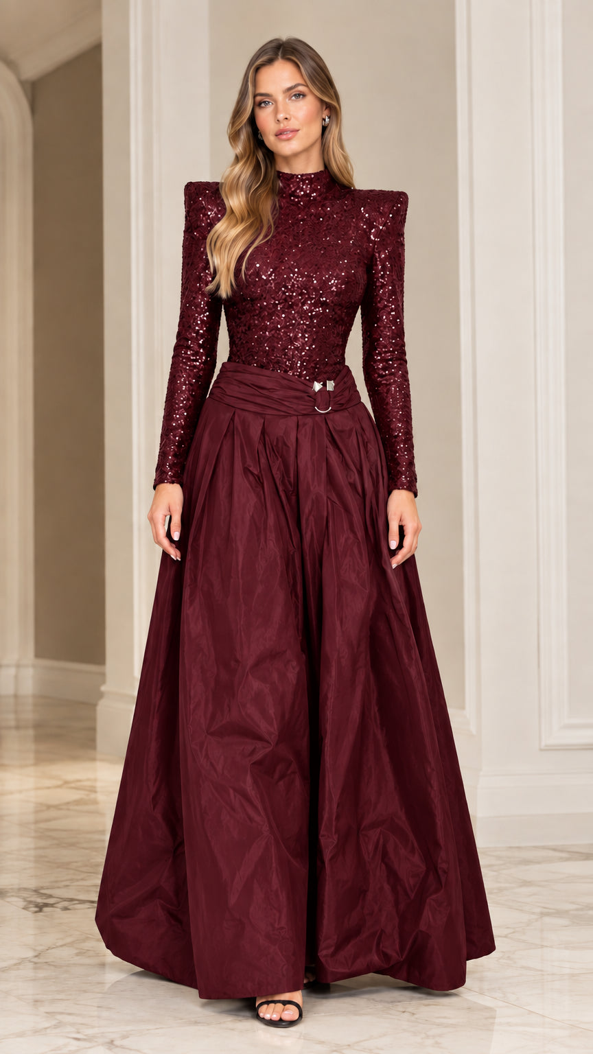 Burgundy sequined mock neck evening dress with full pleated skirt