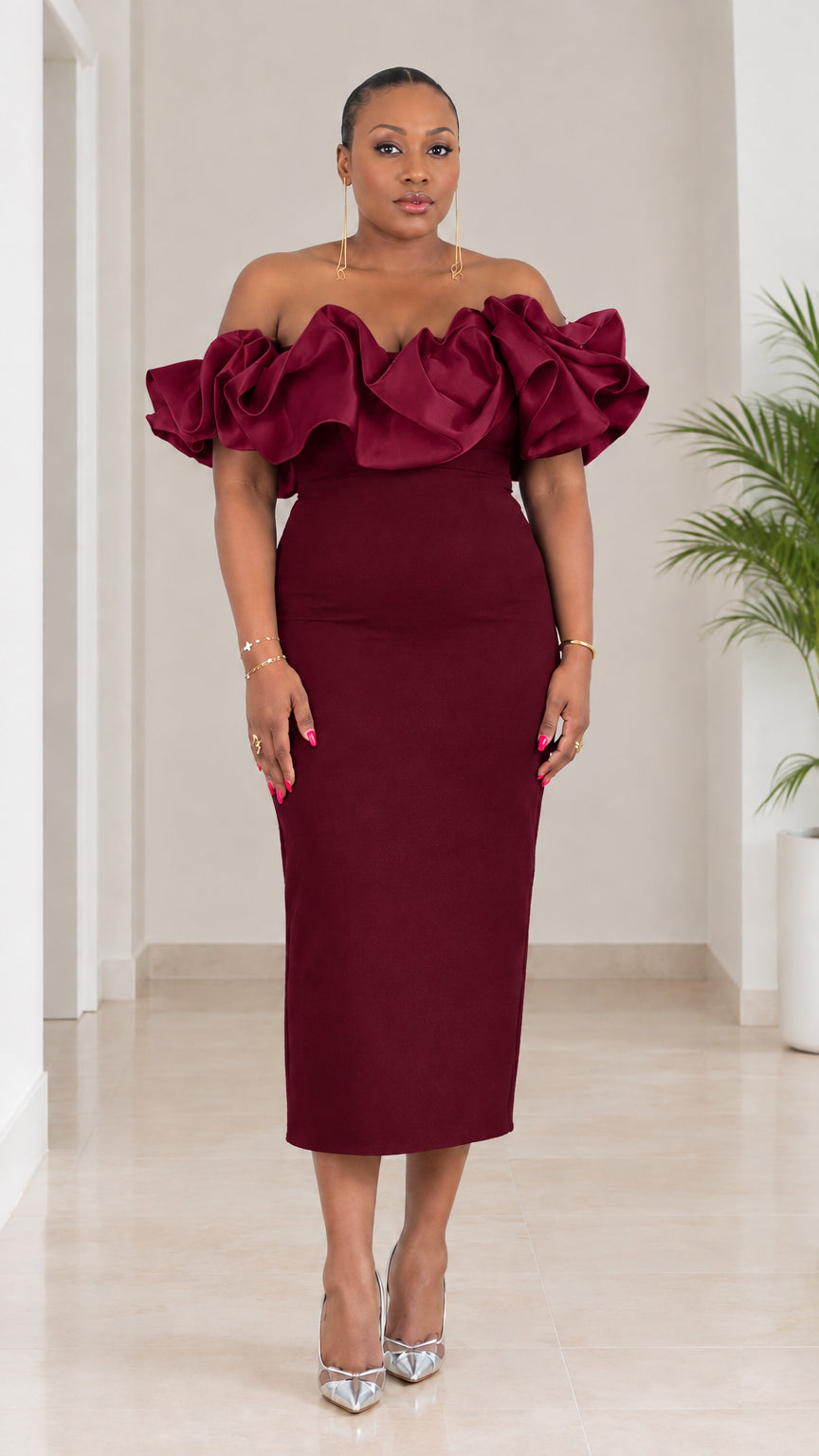 Front view of burgundy wine off-the-shoulder bodycon dress with ruffle detail