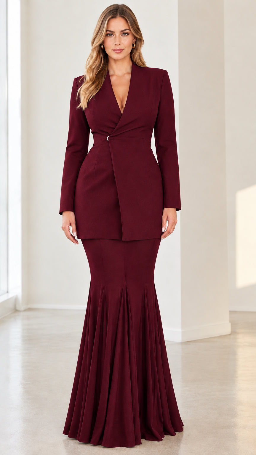 Burgundy wine red tailored blazer and pleated mermaid evening skirt set