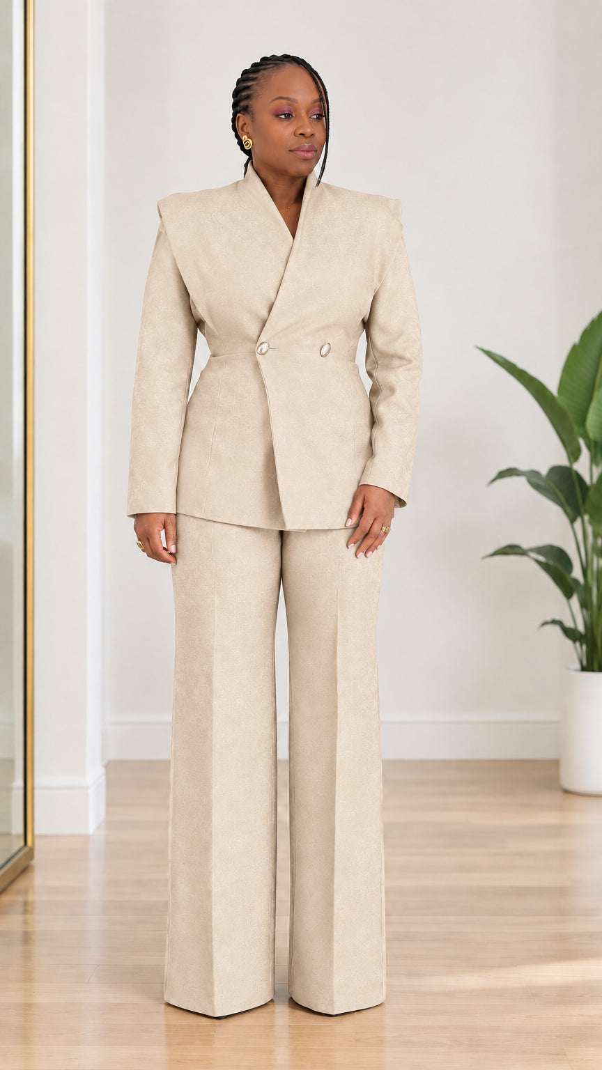 Model wearing beige cream tailored two-piece sculpted blazer and wide-leg trousers suit
