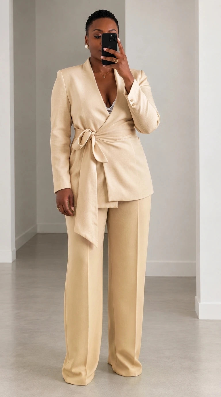 Model wearing beige champagne wrap blazer and matching wide leg trousers set