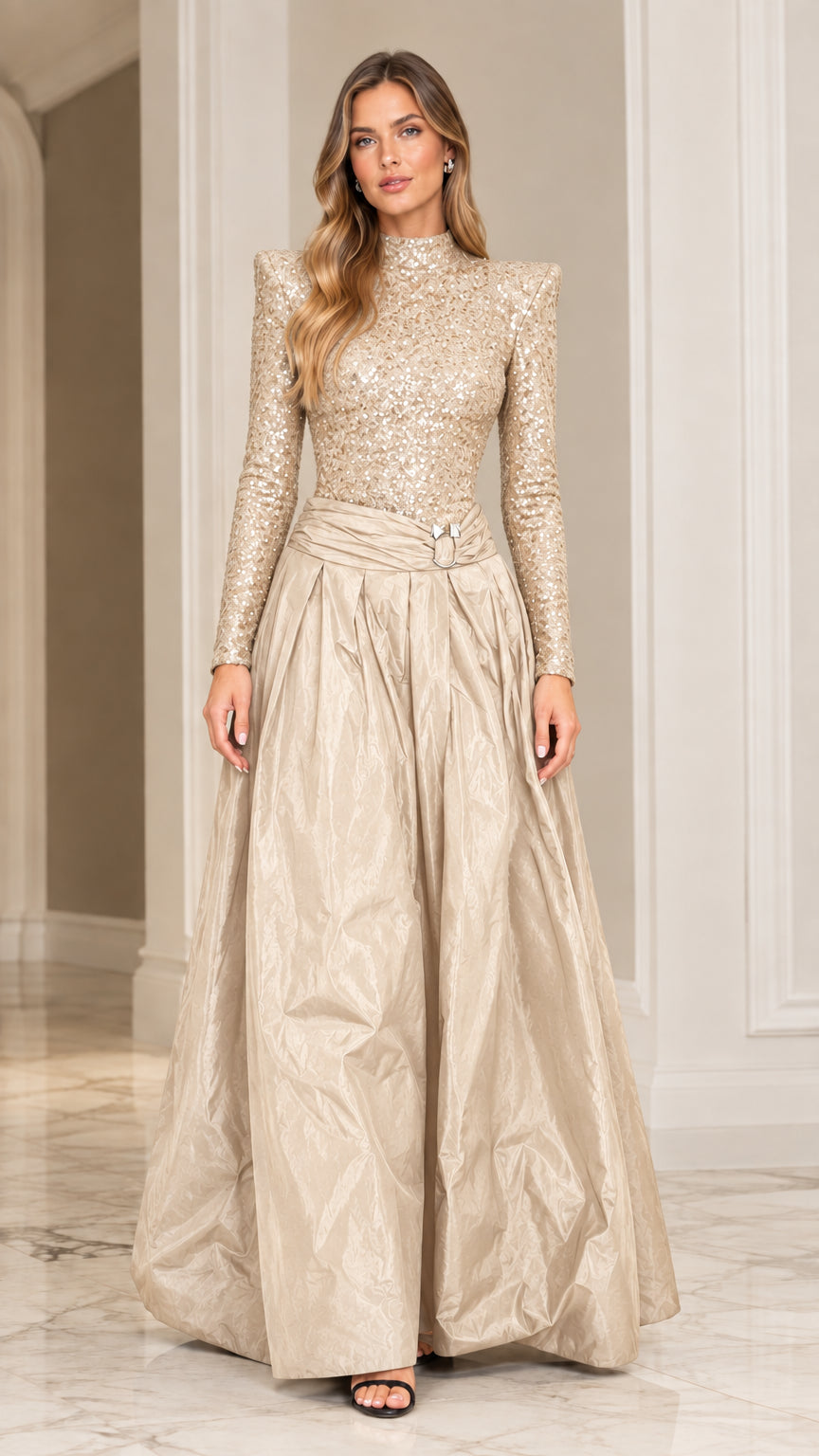 Champagne gold sequined open back evening gown with dramatic maxi silhouette