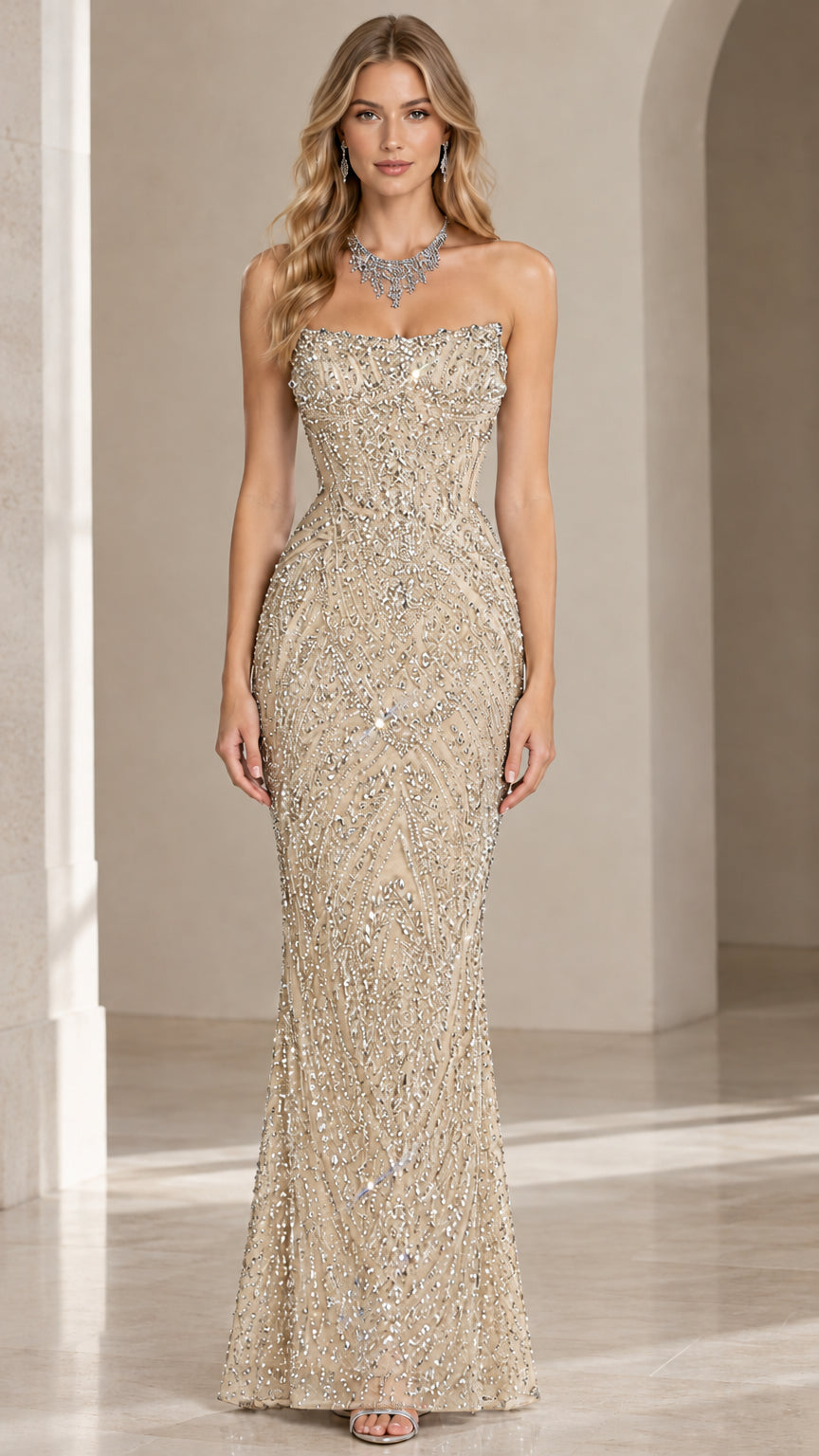 Champagne gold strapless beaded mermaid formal gown front view