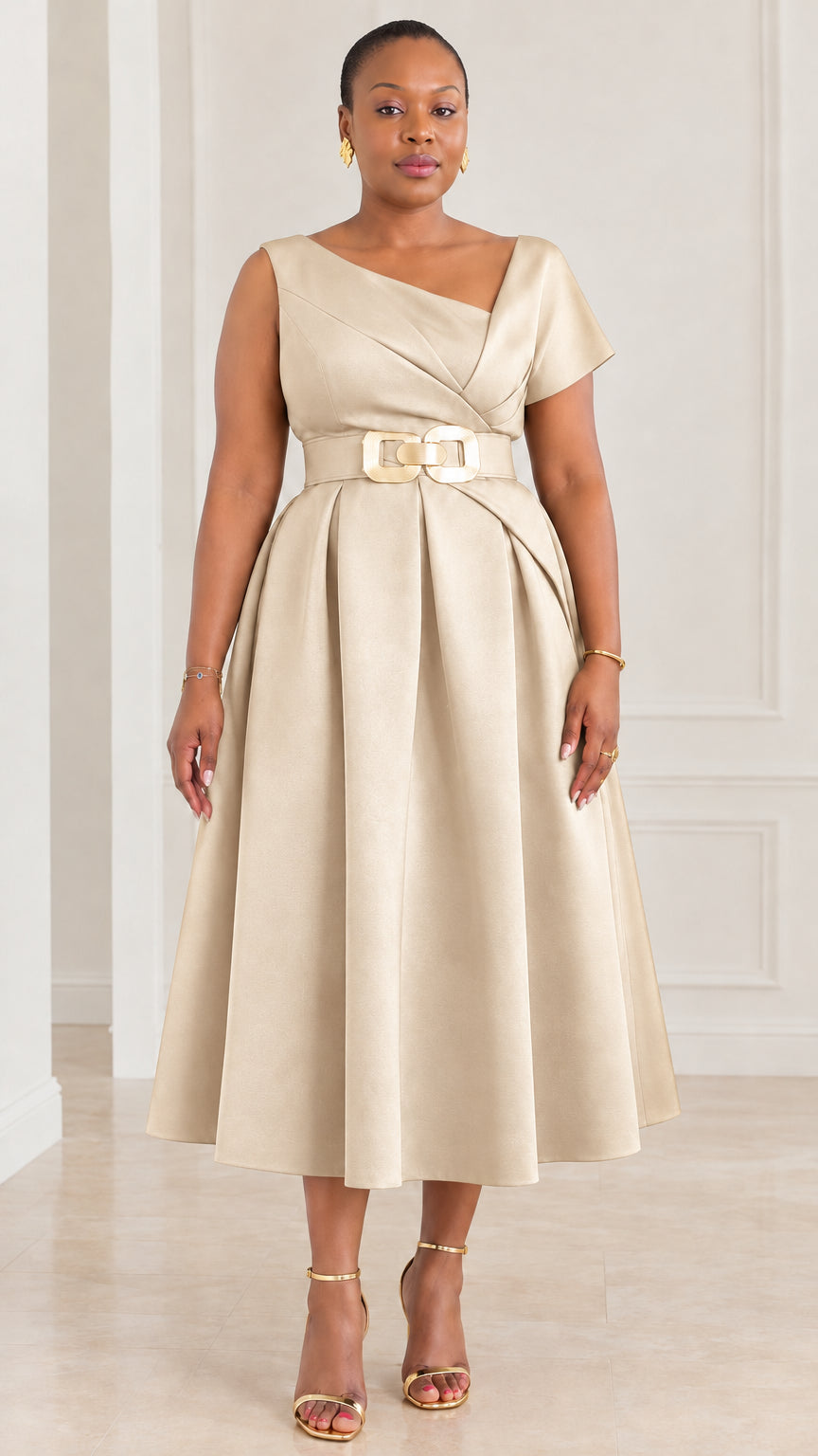 Front view of woman wearing champagne beige asymmetrical neckline belted pleated midi dress