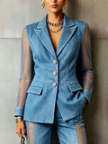 Chic Sheer-paneled Denim Blazer Jacket