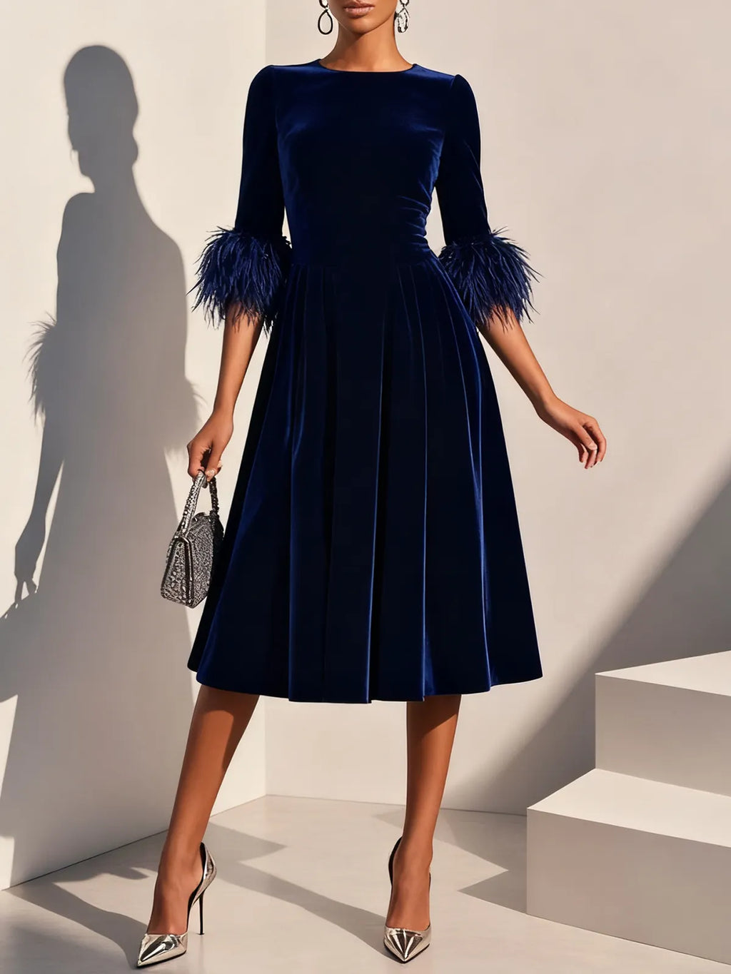 Purplish blue Feather-trimmed Velvet Crew Neck Half Sleeve A-Line Midi Dress