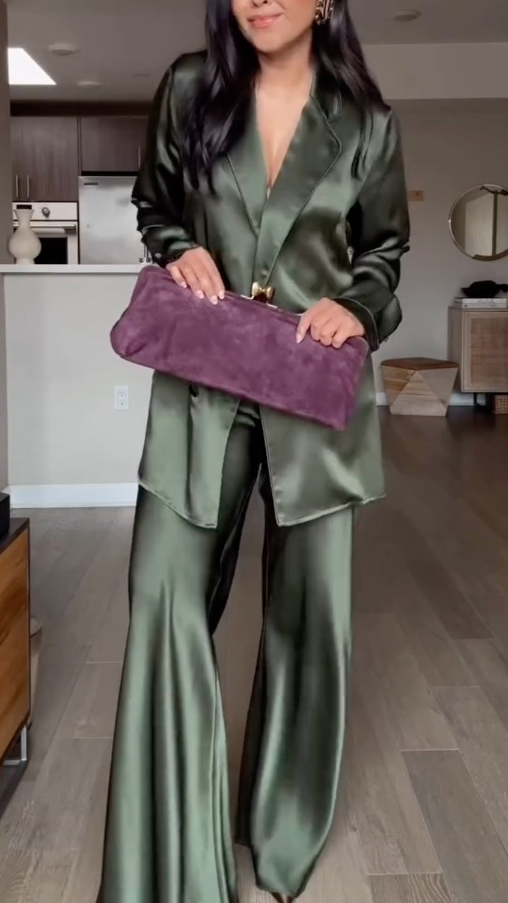 Olive Satin-Look Longline Shirt and Wide-Leg Pants Set