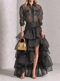Chic Striped Sheer Shirt & Ruffled High-Low Maxi Skirt Set