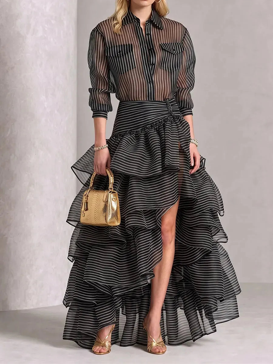 Chic Striped Sheer Shirt & Ruffled High-Low Maxi Skirt Set