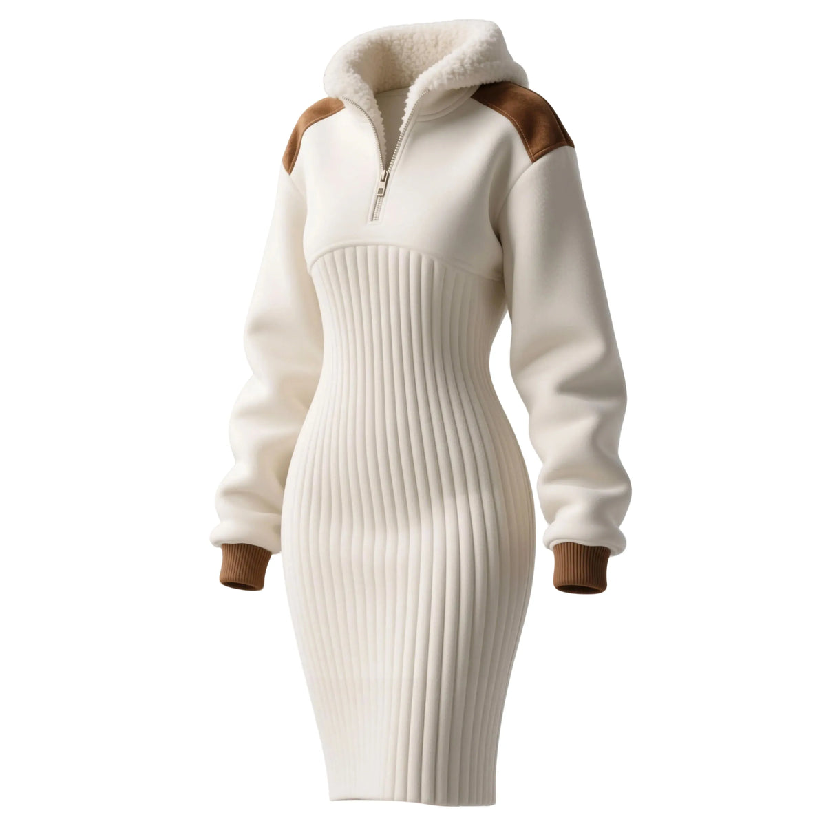 Women's Contrast Color Stitching Suede Lambswool Lapel Hooded Long Sweatshirt