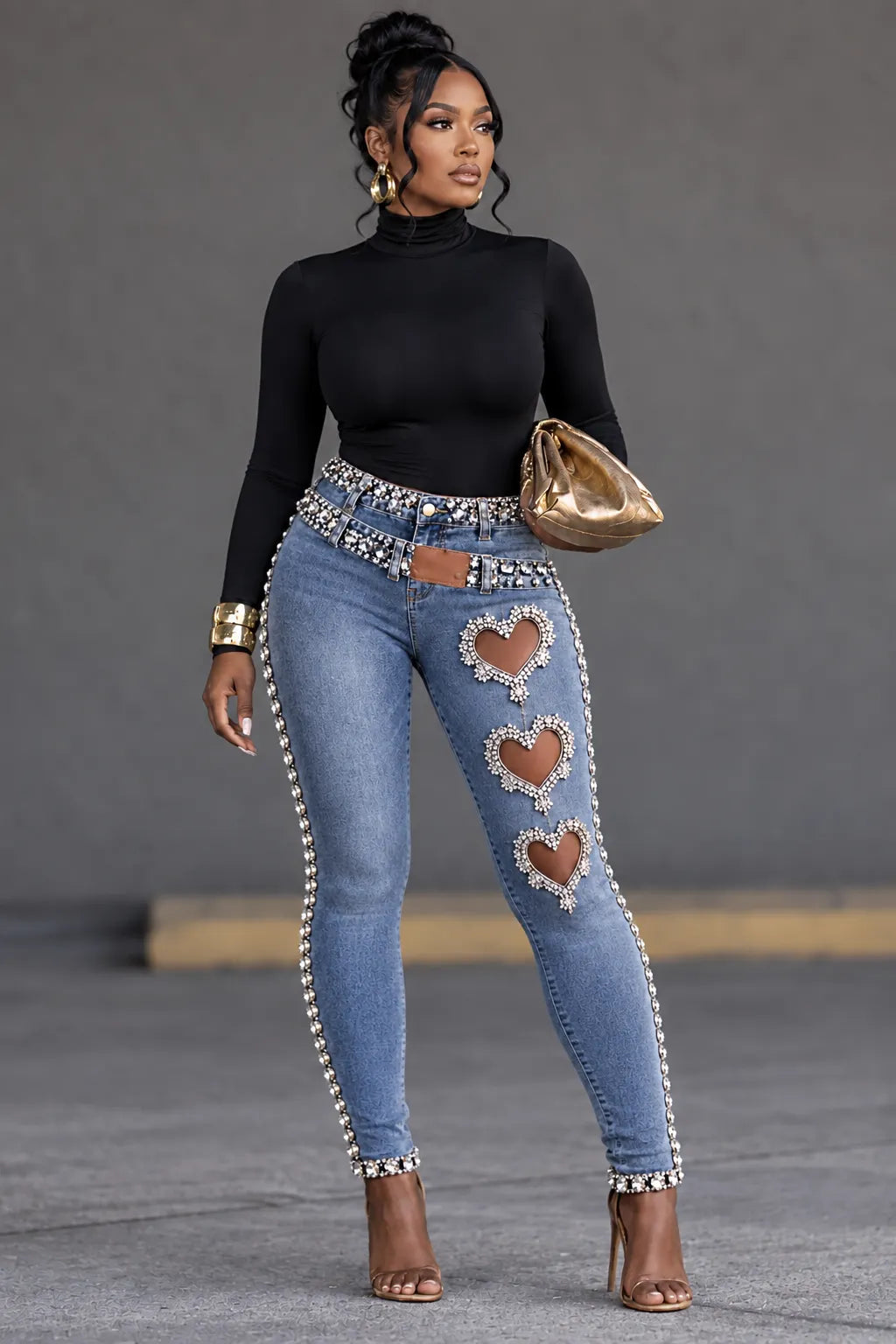 Rhinestone Heart Cutout Skinny Jeans