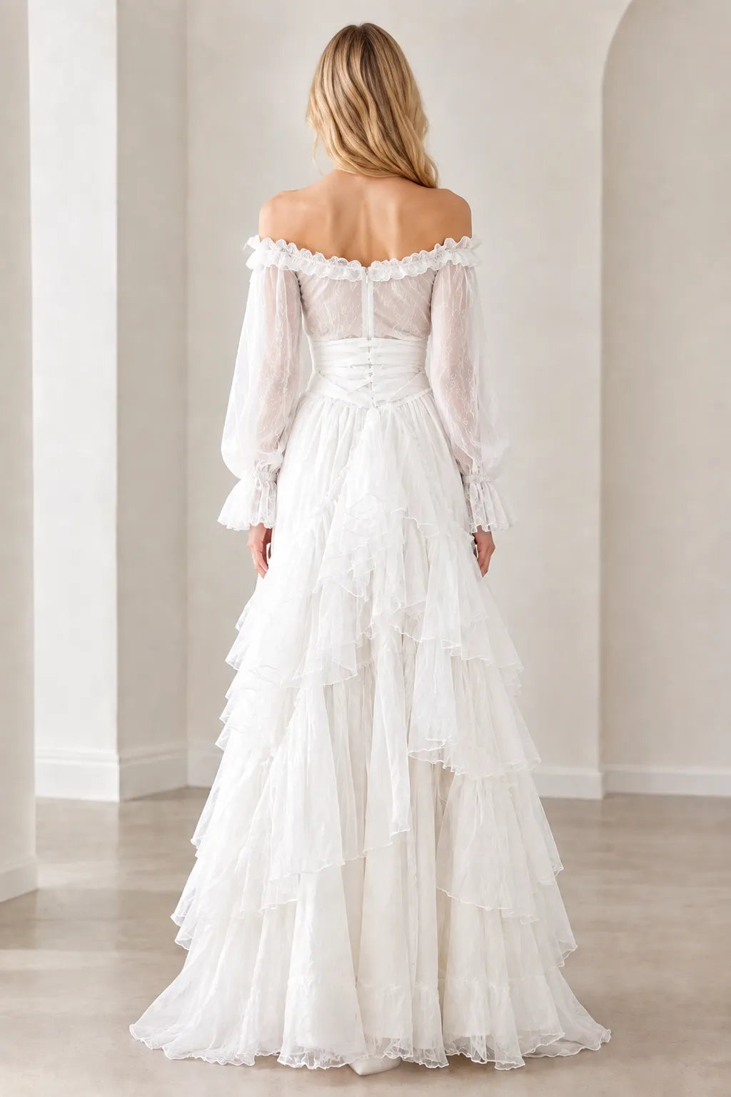 Off-Shoulder Corset Tiered Ruffle Maxi Dress with Sheer Long Sleeves