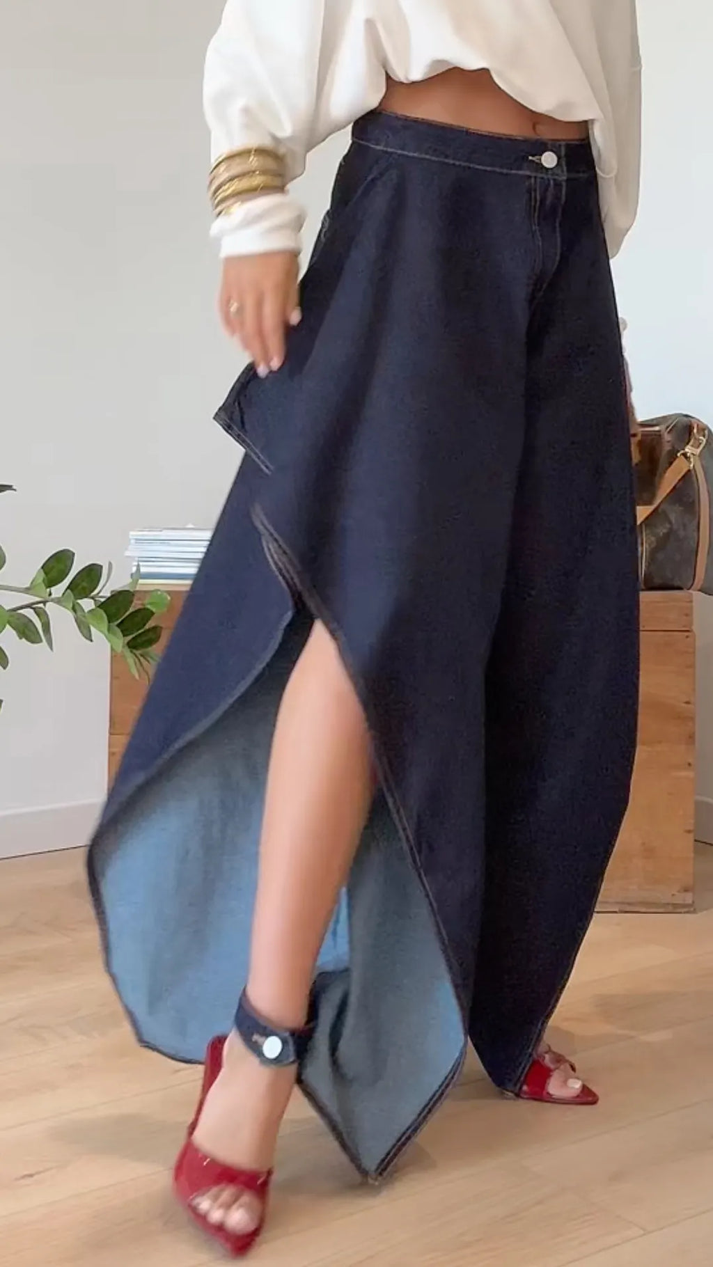 Denim Irregular Ruffled Flare Jeans