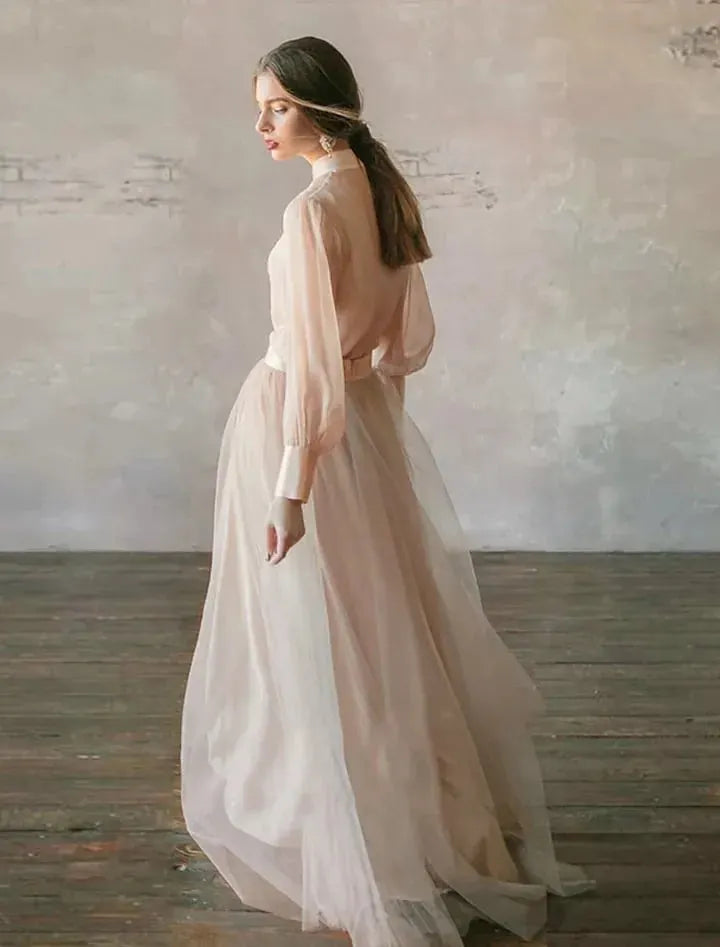 Cocoslly High Neck Long Sleeves High Waist Long Prom Dress | Blushing Pink Tulle LR0409
