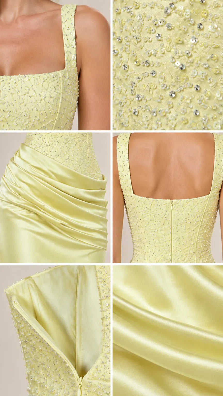 Square Neck Beaded Bodice Ruched Satin Evening Gown