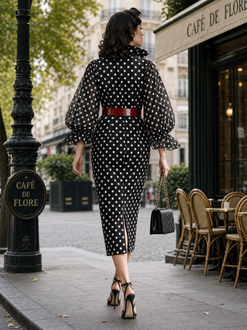 Vintage V-neck Polka Dot Print Midi Dress