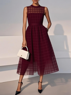 Navy Blue Organza Mesh Plaid Classic Crew Neck Sleeveless A-Line Midi Dress