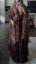 Brown Leopard Print Chiffon Wrap Maxi Dress