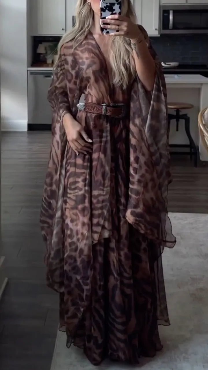 Brown Leopard Print Chiffon Wrap Maxi Dress