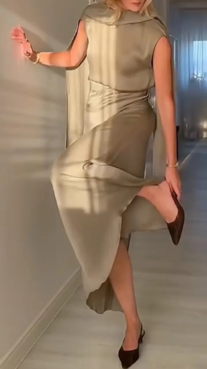 Taupe Satin Sleeveless Cowl Neck Midi Dress