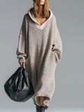 Fashion Loose Retro Trimmed Floral Gray Hooded Knitted Midi Dress