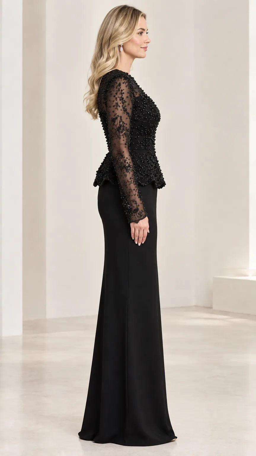 Sequin Beaded Peplum Long Sleeve Formal Evening Gown