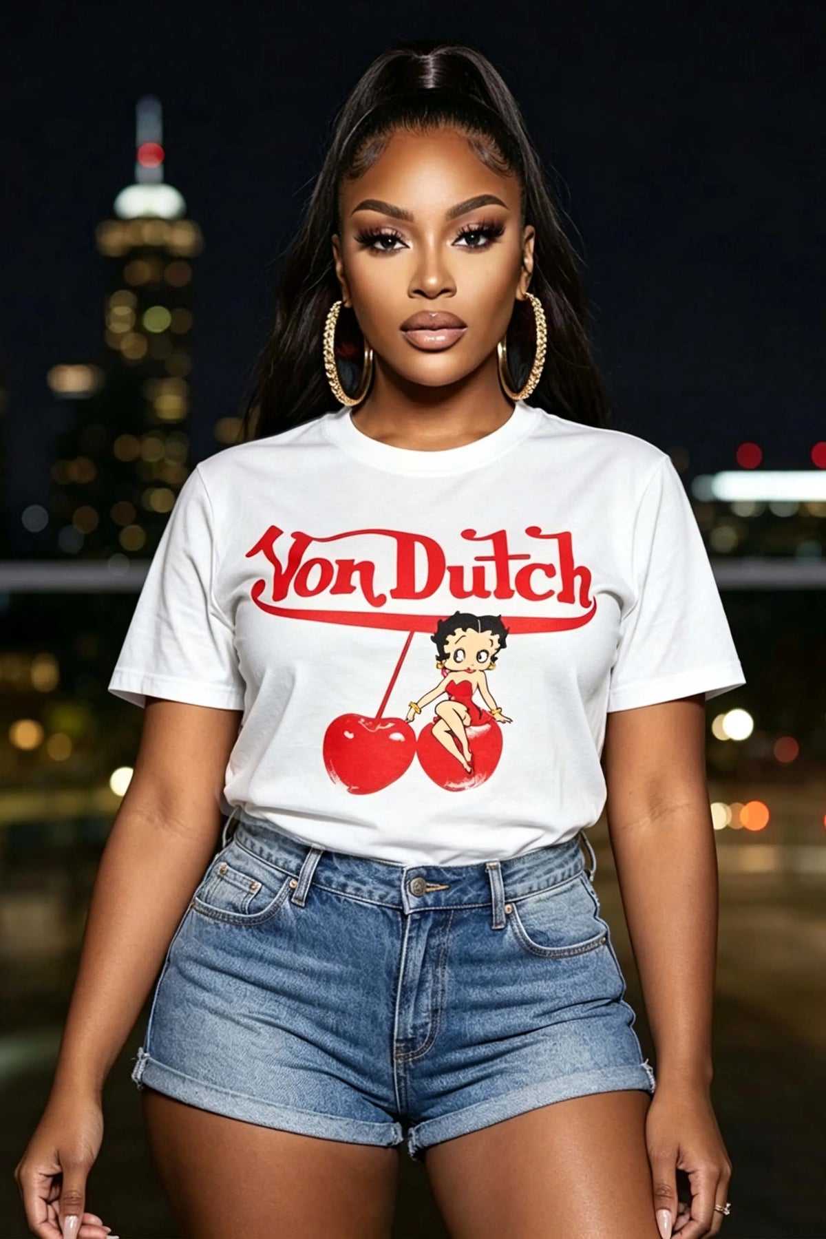 Cherry Graphic Print Short Sleeve Crew Neck Casual T-Shirt-White