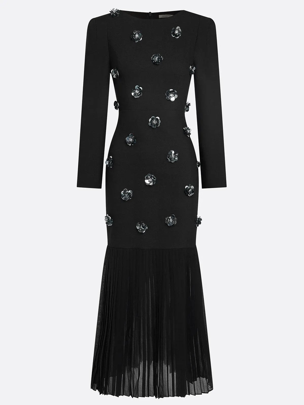 Black Pleated 3D Floral Classic Boat Neck Long Sleeve Mermaid Maxi Dress